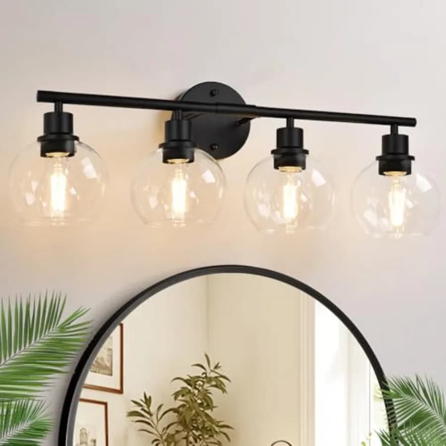 Lampade da Bagno Indoi a 4 Luci, Luci Nere da Bagno Sopra Specchio con Paralume in Vetro Trasparente, Luci per Vanità da Bagno