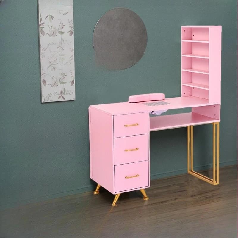 Tavolo manicure placcato oro rosa Negozio di unghie Singolo con poggiapolsi Tavolo manicure aspirapolvere