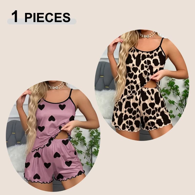 New Women's Leopard Print Printed Sleeveless Suspender Top and Shorts Summer Seamless Ice Silk Loungewear Casual Home Pajama Set
