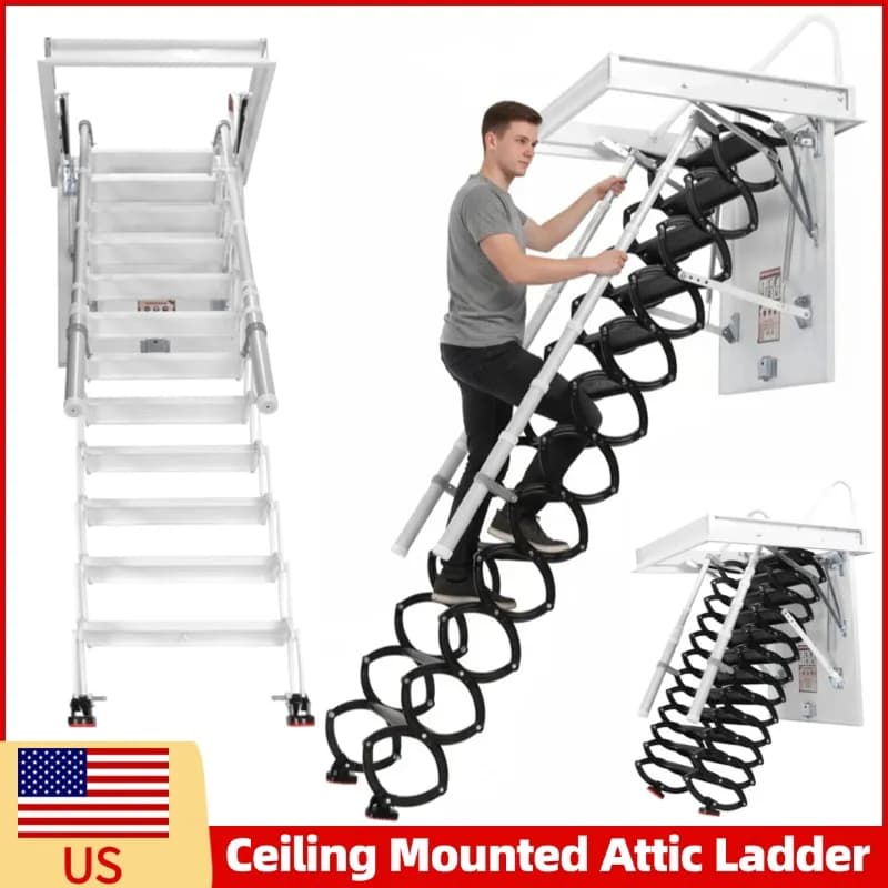 Scala a Soffitto per Soffitta con Capacità di 660 libbre, Gradini Nascosti per Interni, Scala Estensibile per Garage/Tetto/Sottotetto con Corrimano