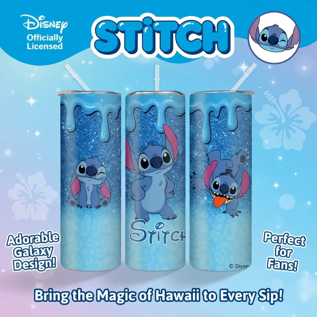 1pc 20oz Disney Stitch Glitter Drip Tumbler Insulated Stainless Steel Cup with Straw for Hot Cold Drinks Perfect Holiday Gift