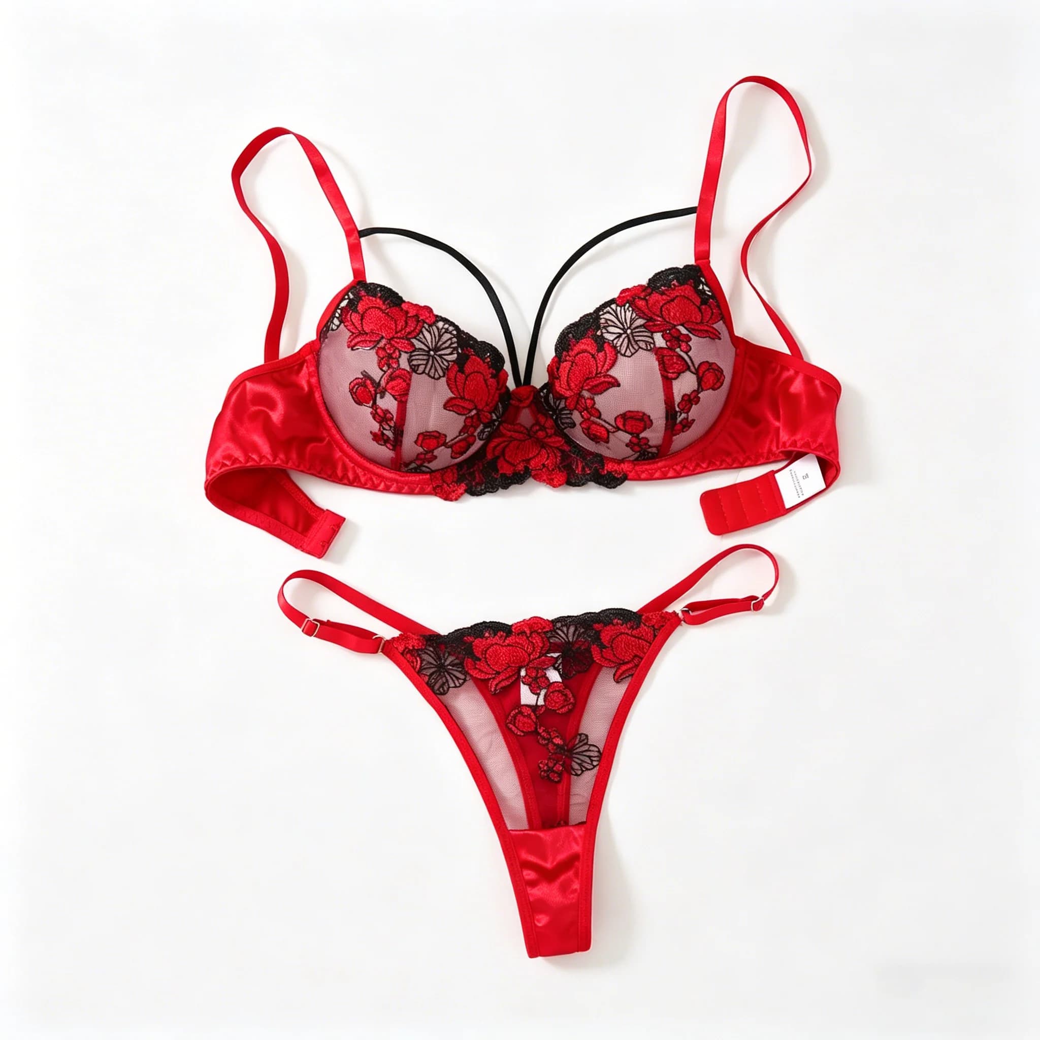 Set reggiseno ricamato in due pezzi - Set lingerie da donna ricamata floreale - Set intimo nero e rosso ZA825127
