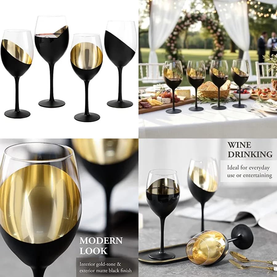 Set di 4 Bicchieri da Vino Rosso da 400ml, Calici Moderni con Stelo Dorato Opaco, Eleganti Coppe da Bar per Matrimoni, Feste e Regali