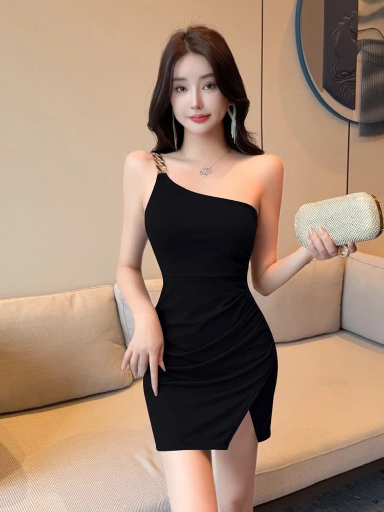 Abito Corto Sexy con Scollo Asimmetrico Senza Maniche, Stile Avvolgente a Vita Alta e Gonna a Trapezio, Abbigliamento Casual per Giovani Donne