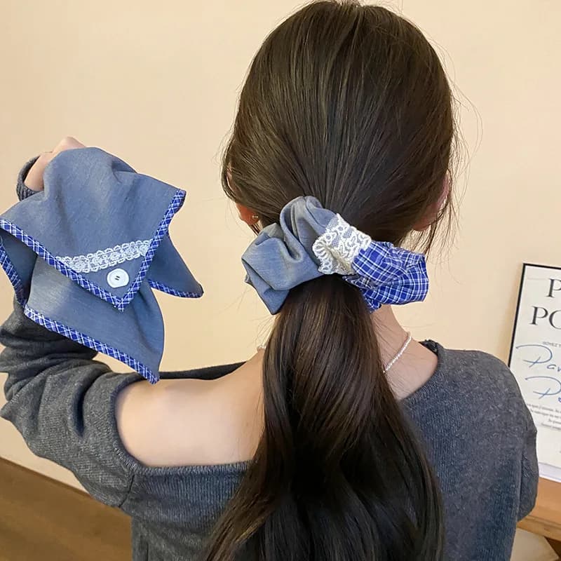 Nuovo Blu Grigio Plaid Quadrato Del Merletto Scrunchie Pulsante Pieghettato Acrilico Artiglio Dei Capelli Pinze per Le Donne Temperamento Hairbands Titolare Coda di Cavallo