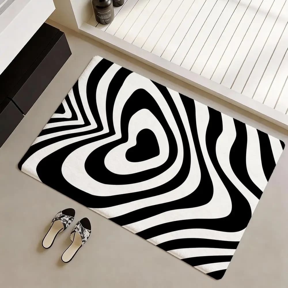Black and White Lines Floor Mat Soft Flannel Non-Slip Door Mat - Thickened Rug for Living Room Home Decor