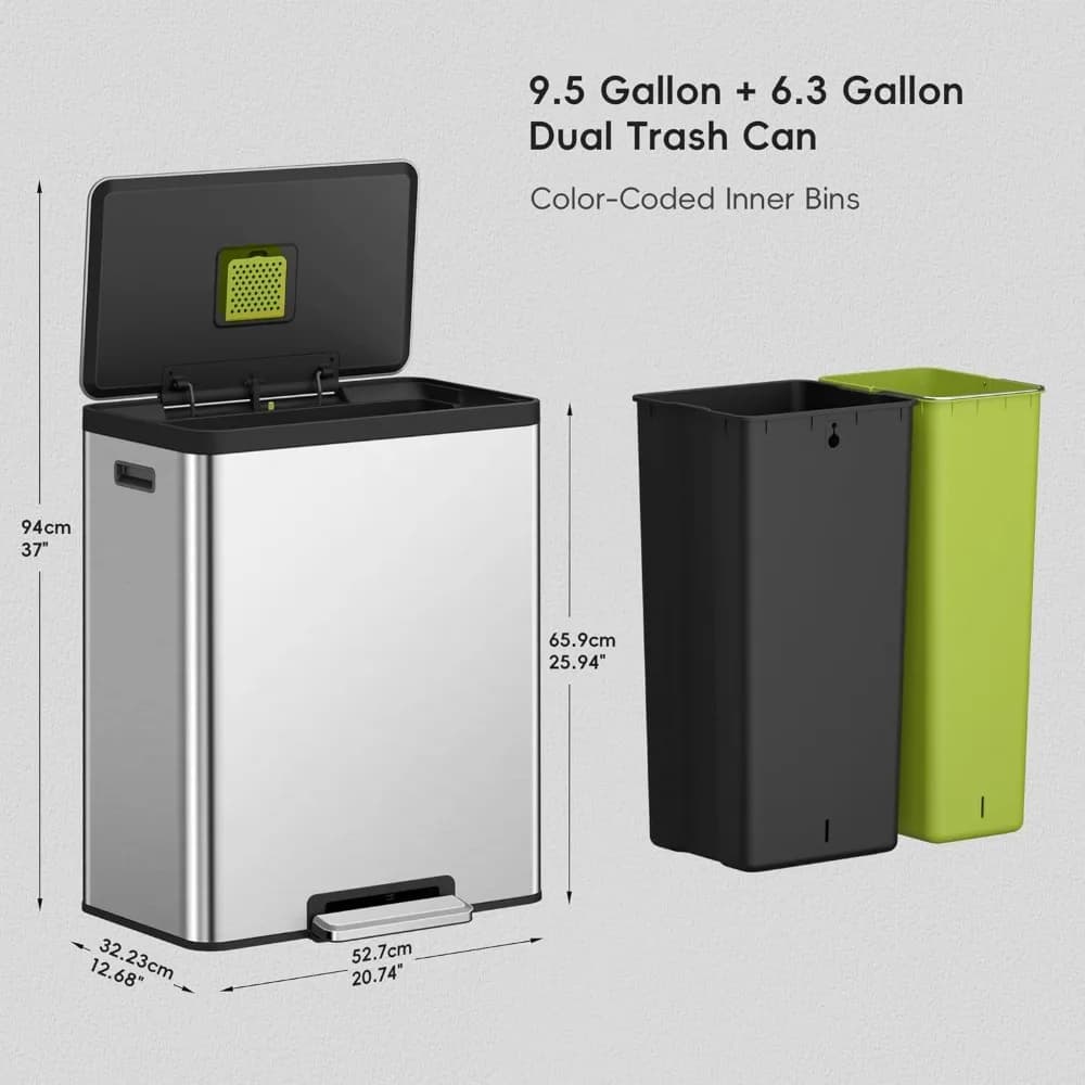 EcoCasa II 36L+24L Doppio pattumiera con bidone di riciclo, bidone della spazzatura in acciaio inossidabile con coperchio, vano deodorante
