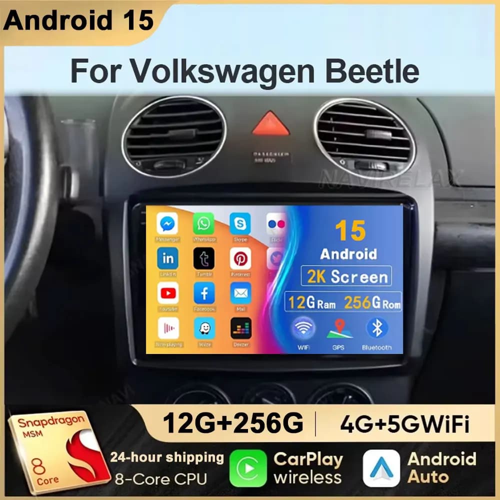 Schermo QLED Wireless CarPlay per VW Volkswagen Beetle 2000-2012 Autoradio Video Lettore multimediale Navigazione GPS Bluetooth WIFI
