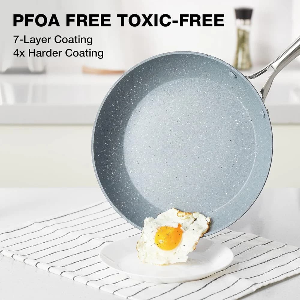 Hlafrg 8 inch aluminum pancake pan with glass lid, three-layer marble cladding with heat-resistant handle