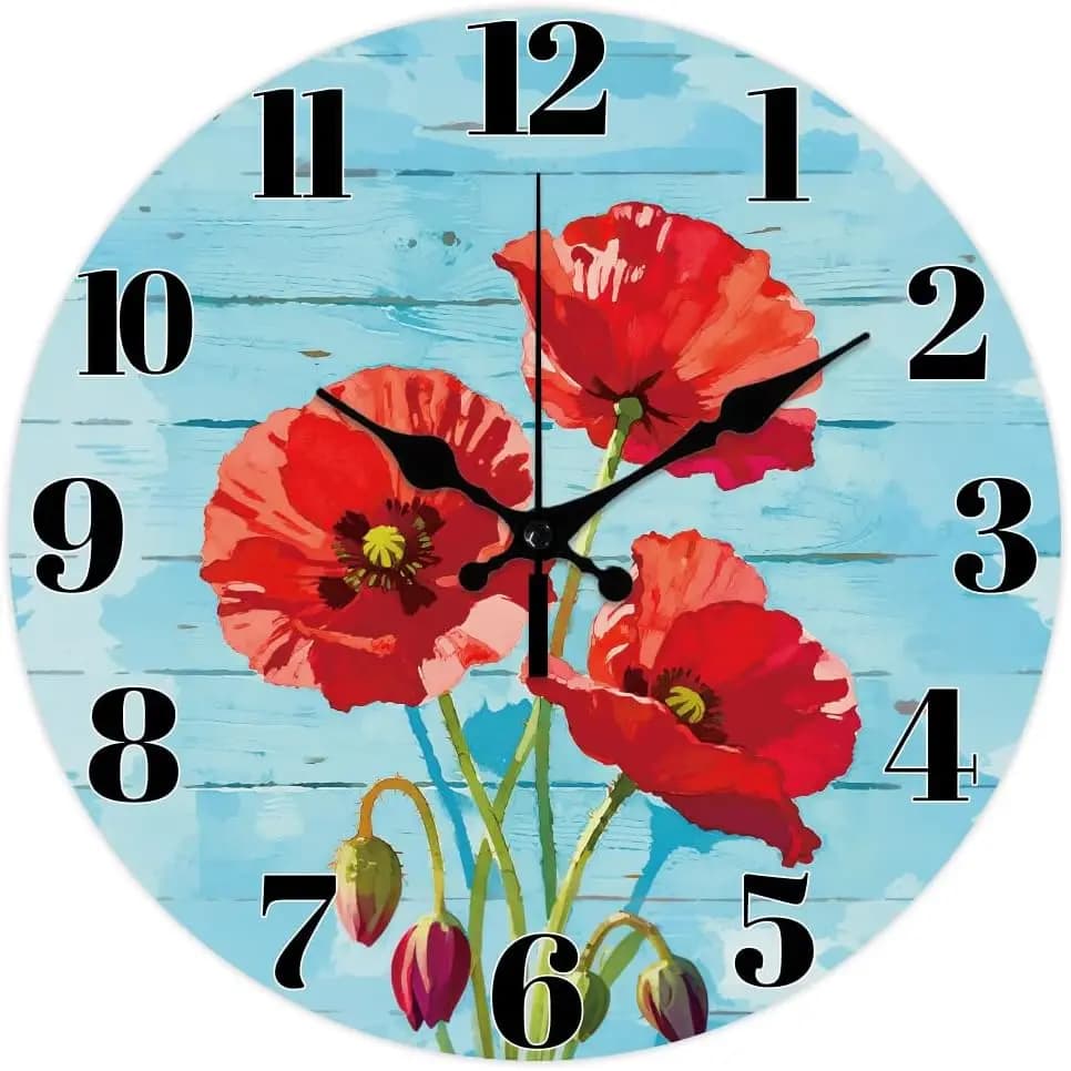 Orologio da parete con motivo floreale Papaver Rhoeas, orologio da parete rotondo da 10 pollici, senza ticchettio, con grana blu, funzionamento a batteria