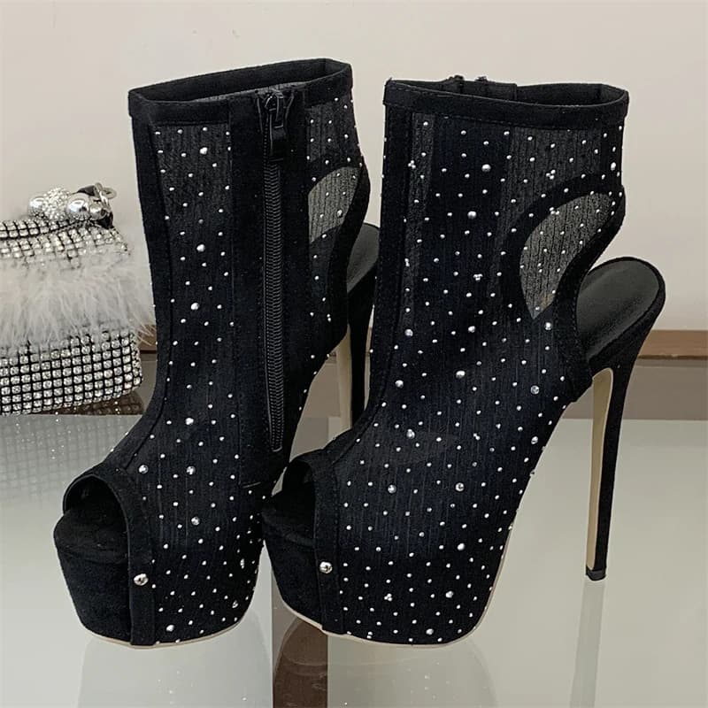 Eilyken Fashion Slingback Crystal Peep Toe Women Ankle Boots Sandals Punk Style Platform Zipper Thin High Heels Shoes