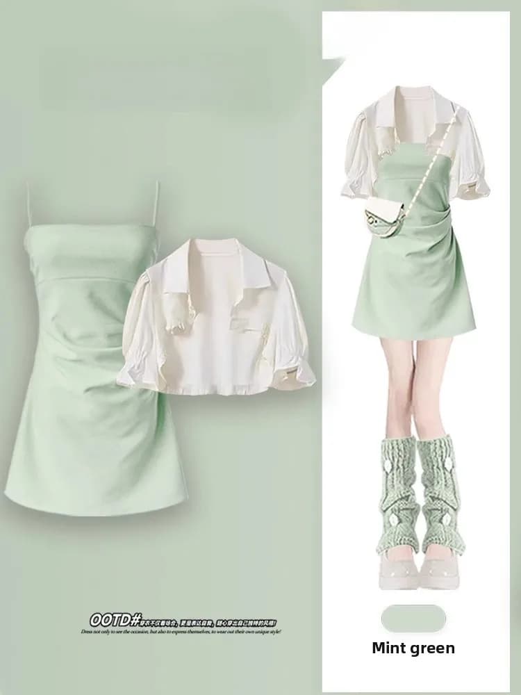 Summer Small Fragrance Style Set Short Shirt Women's Dress Two-Piece Suit Slimming Strap Dress Durable Waist Pure Desire