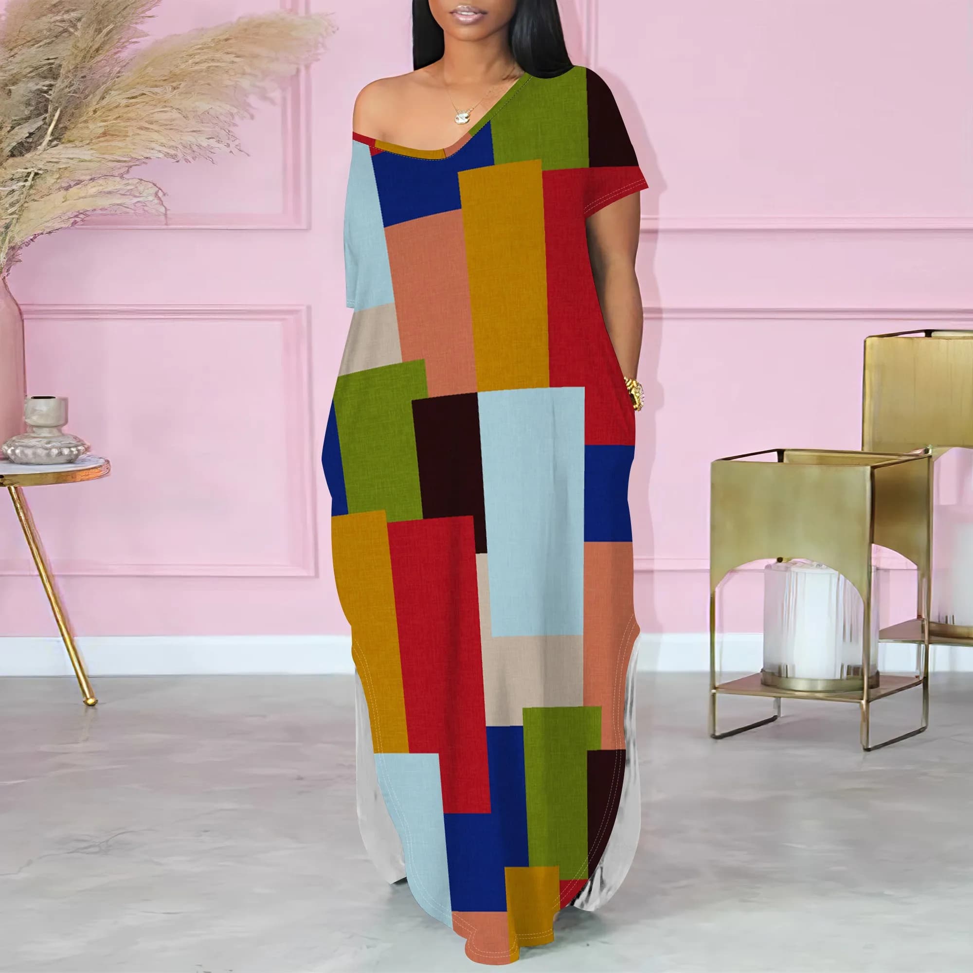 Abito lungo casual da donna con scollo a V monospalla a maniche corte stampato alla moda estiva da donna con spacchi larghi su due lati con tasca
