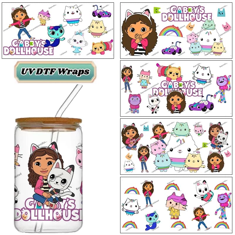 Adesivi UV DTF con Gatto e Ragazza Cartoon, Stickers Arcobaleno per Lattine di Vetro da 16oz, Decalcomanie Impermeabili Fai-da-Te