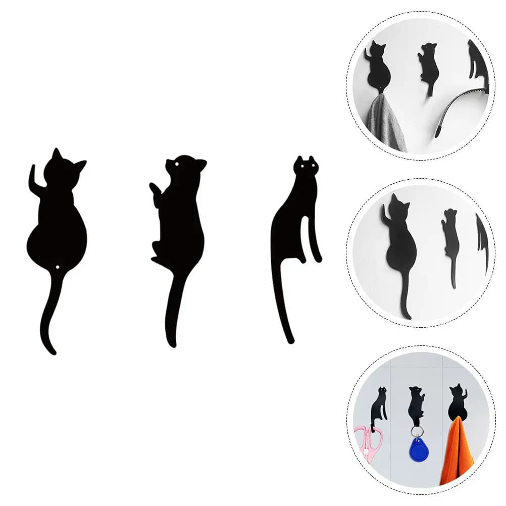 3pcs Cartoon Wall Hooks Cat Design Metal Hanger Adhesive Reusable Home Supplies Decorative Clothes Coat Rack