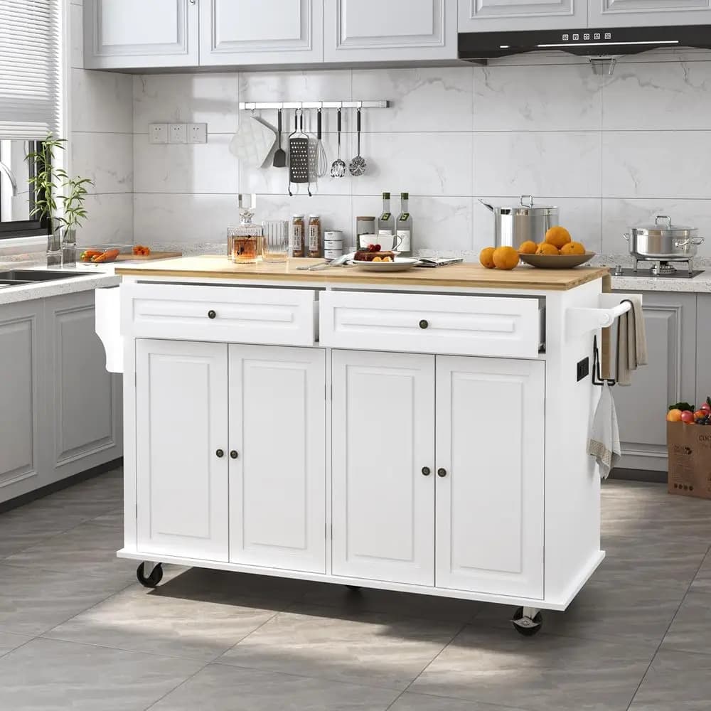 Isola da Cucina Mobile 59 con Piano in Legno, Bancone Colazione Pieghevole, Armadietto Contenitore, Porta Spezie e Portasciugamani, Bianca