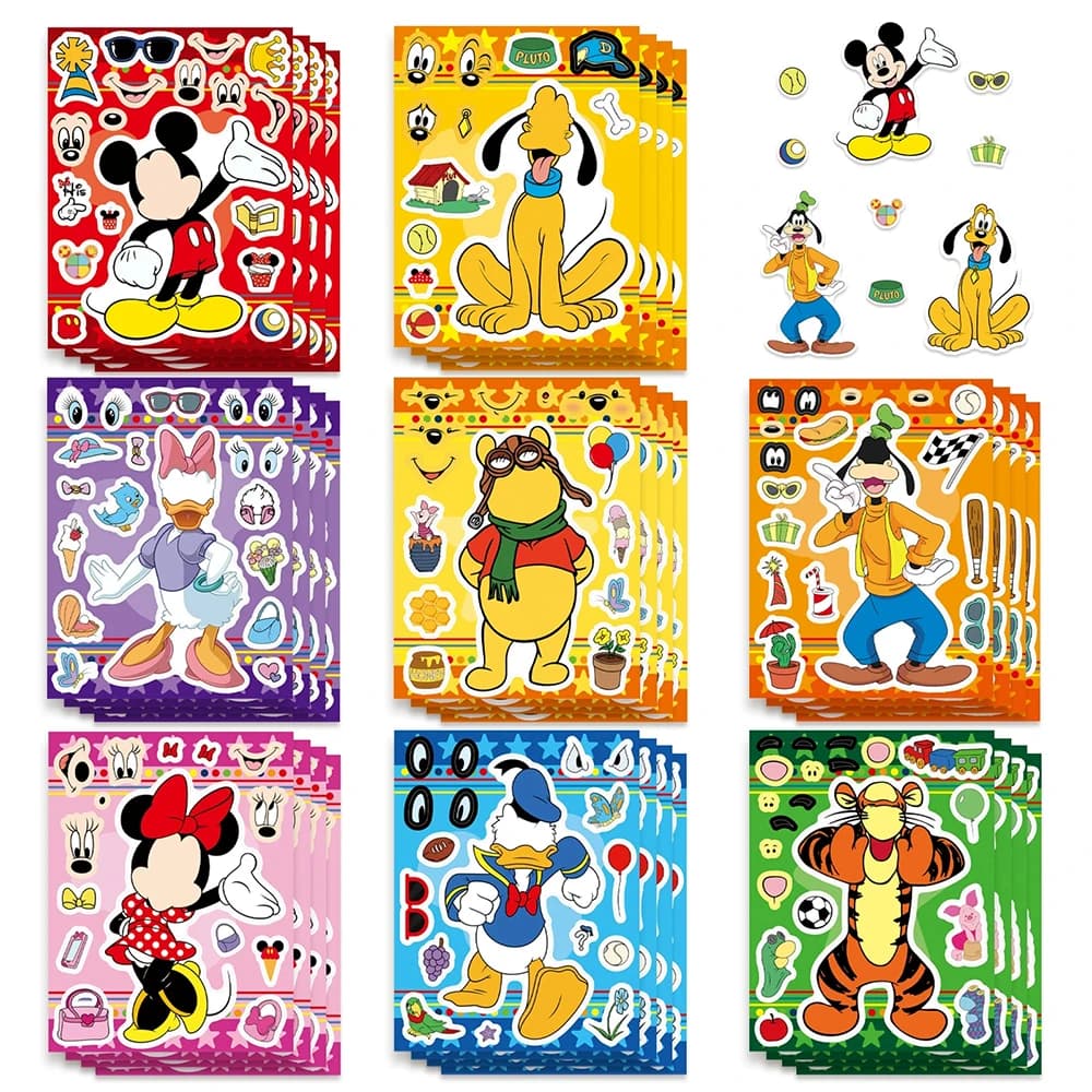 8/16 fogli di adesivi puzzle Disney con Topolino, Paperino e Winnie the Pooh, simpatici personaggi dei cartoni animati, per creare un volto, fai da te, da assemblare, decalcomanie a incastro