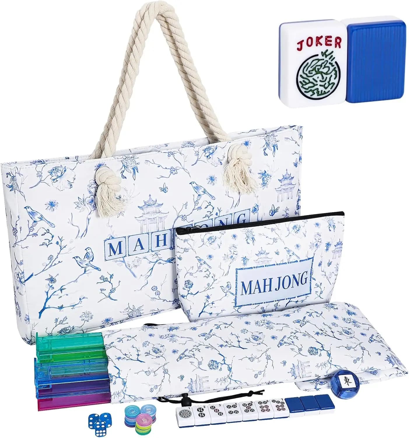 Set Completo di 166 Tessere Blu per Mahjong Americano, con Borsa, Accessori, Supporto/Spingitori 4-in-1
