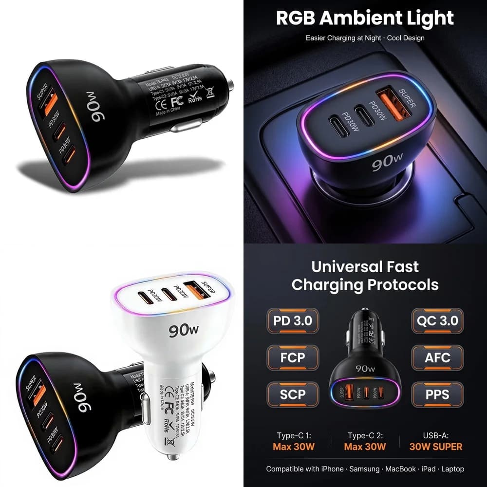 90W Car Charger Multi Port Dual PD 30W Type C USB A 30W Super Fast Charging Adapter for Laptop MacBook PPS QC3.0 RGB LED LED