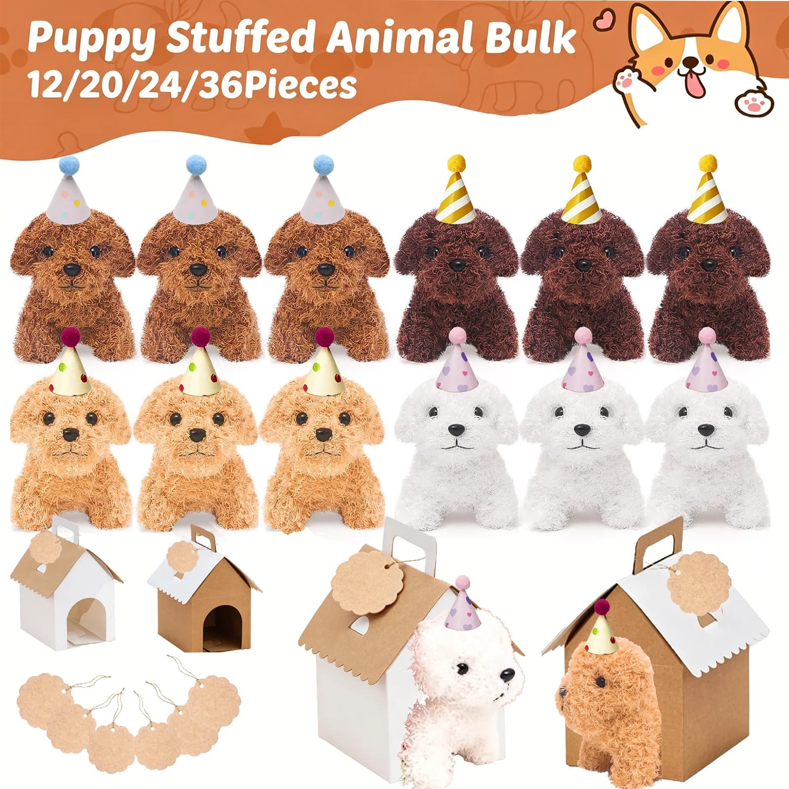 12-36 Pezzi di Peluche a Forma di Cucciolo da 4,7 Pollici con Cappello e Scatole di Carta per Bambini, Regalo di Compleanno per Feste a Tema 'Adotta un Cucciolo'