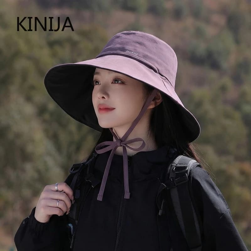 UV Protection Drawstring Fishmen Hat Japanese Waterproof Wide Brim Sun Hat Solid Color All-match Hiking Fishing Cap Unisex