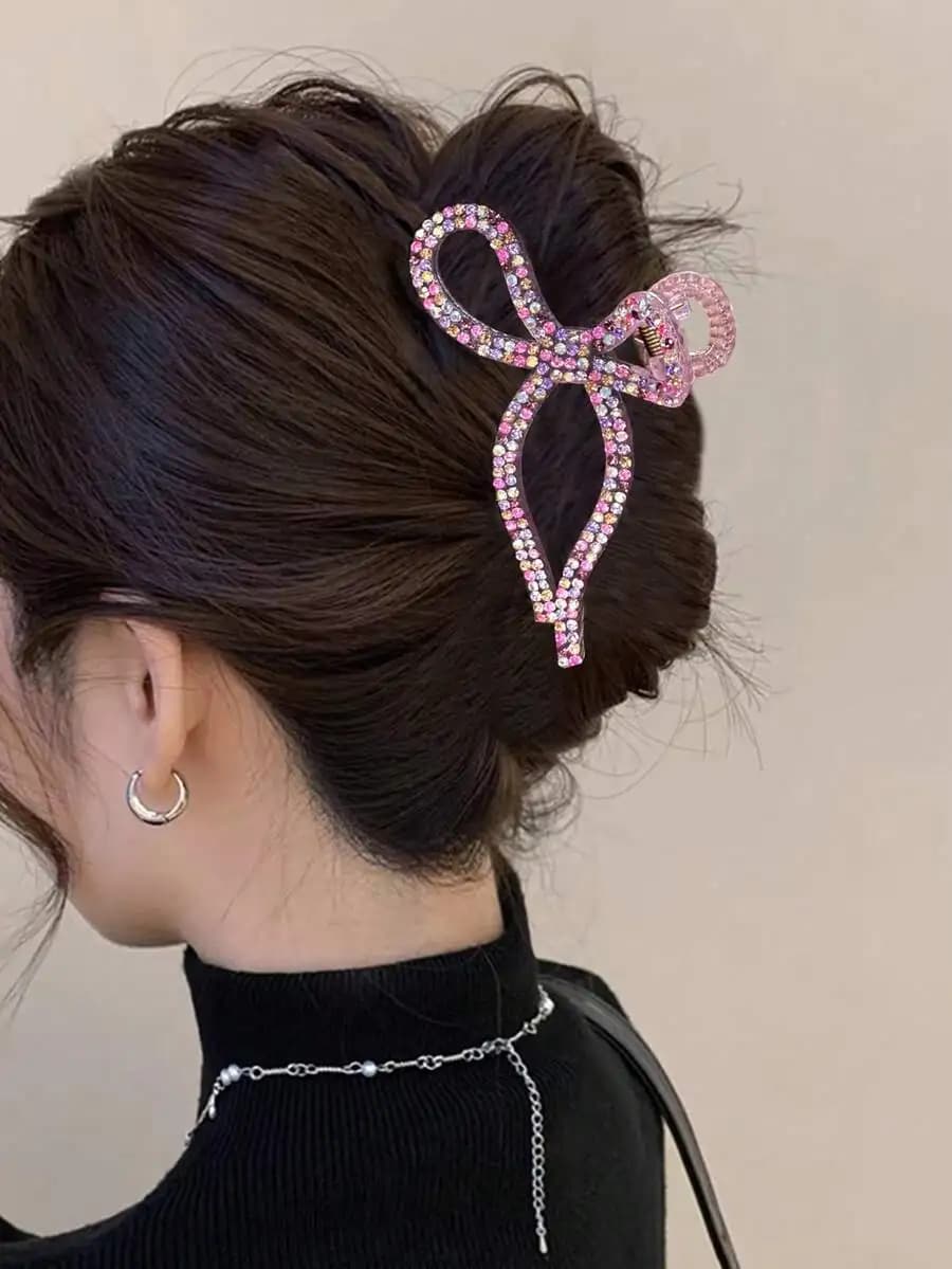 Fermaglio per capelli con fiocco in strass per donna, accessorio casual per feste e uso quotidiano