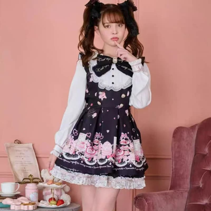 Set Abito Giapponese Kawaii con Fiocco in Strass, Vestito Dolce e Carino Stile Lolita con Camicia in Pizzo e Perle, Abito Gotico Y2k per Tea Party