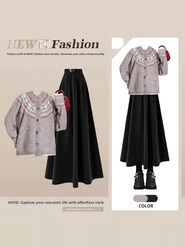 Korean Gentle Style Khaki Knitted round Neck Fair Isle Sweater Cardigan Spring High Waist Skirt Set Women's Fashion Ense...