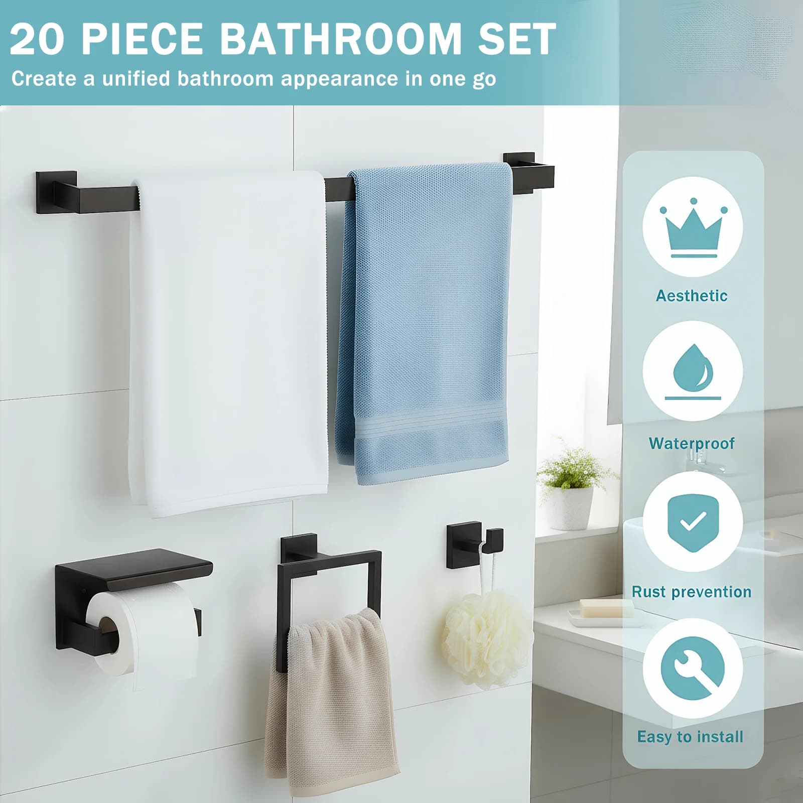 Set di 20 Pezzi in Acciaio Inox per Bagno: Portasciugamani, Porta Carta Igienica, Anello Portasciugamani, Gancio e Altri Accessori