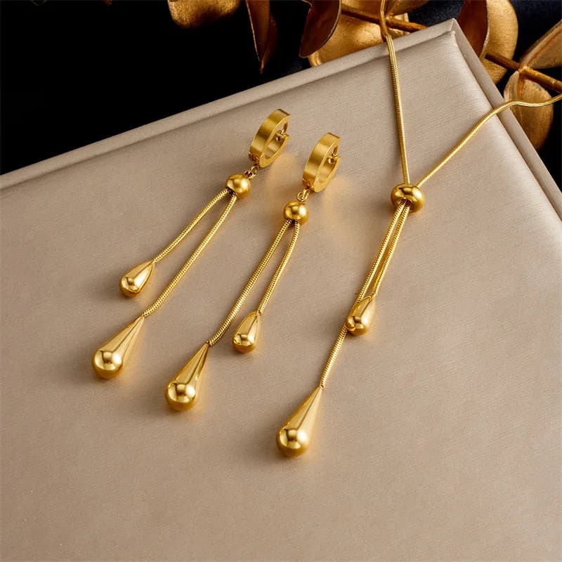 18K Gold Plated Tassel Jewelry Set, Water Drop Pendant Necklace & Long Drop Earrings, Elegant Lariat Accessories