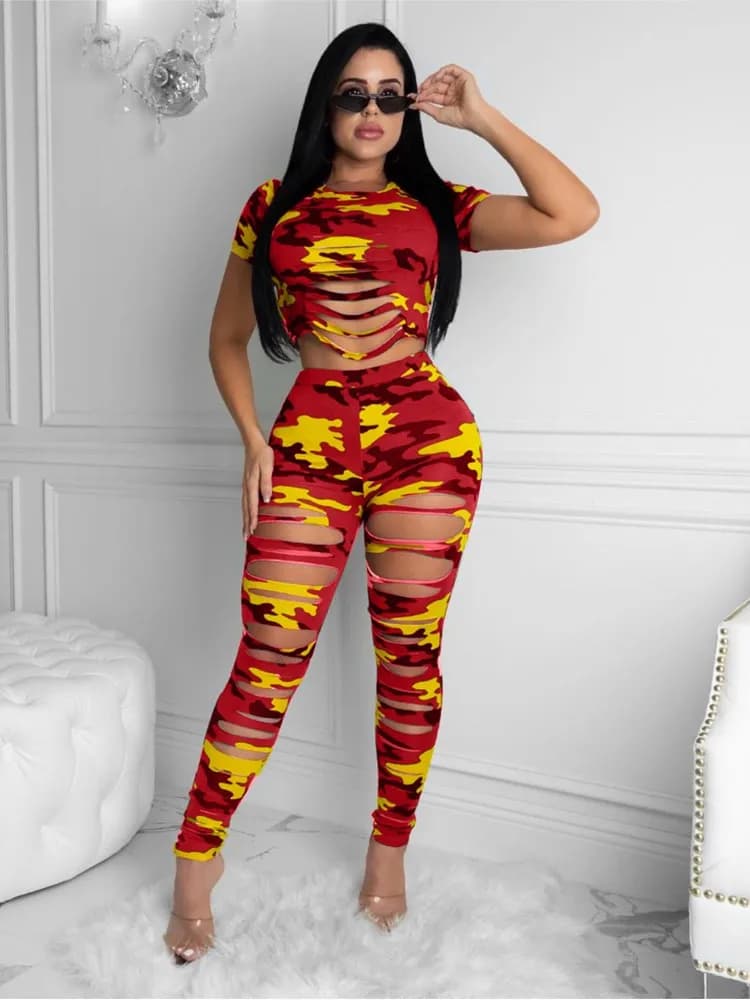 Two Pieces Set For Women Summer Camouflage Printed Casual Sporty Fashion Sexy Ripped Sweatshirt Sweat Pant Set Outfits Tracksuit