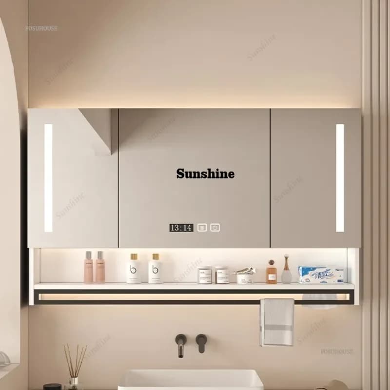 Mobile Bagno Moderno con Specchio Integrato, Armadietto a Parete Antiappannamento con Luce di Sottofondo e Lavabo Integrato K