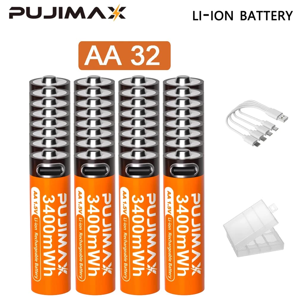 PUJIMAX AA 1.5V 3400mWh Batteria ricaricabile di più alta capacità USB Tipo-C Batteria agli ioni di litio per i giocattoli intelligenti della serratura della porta di controllo remoto