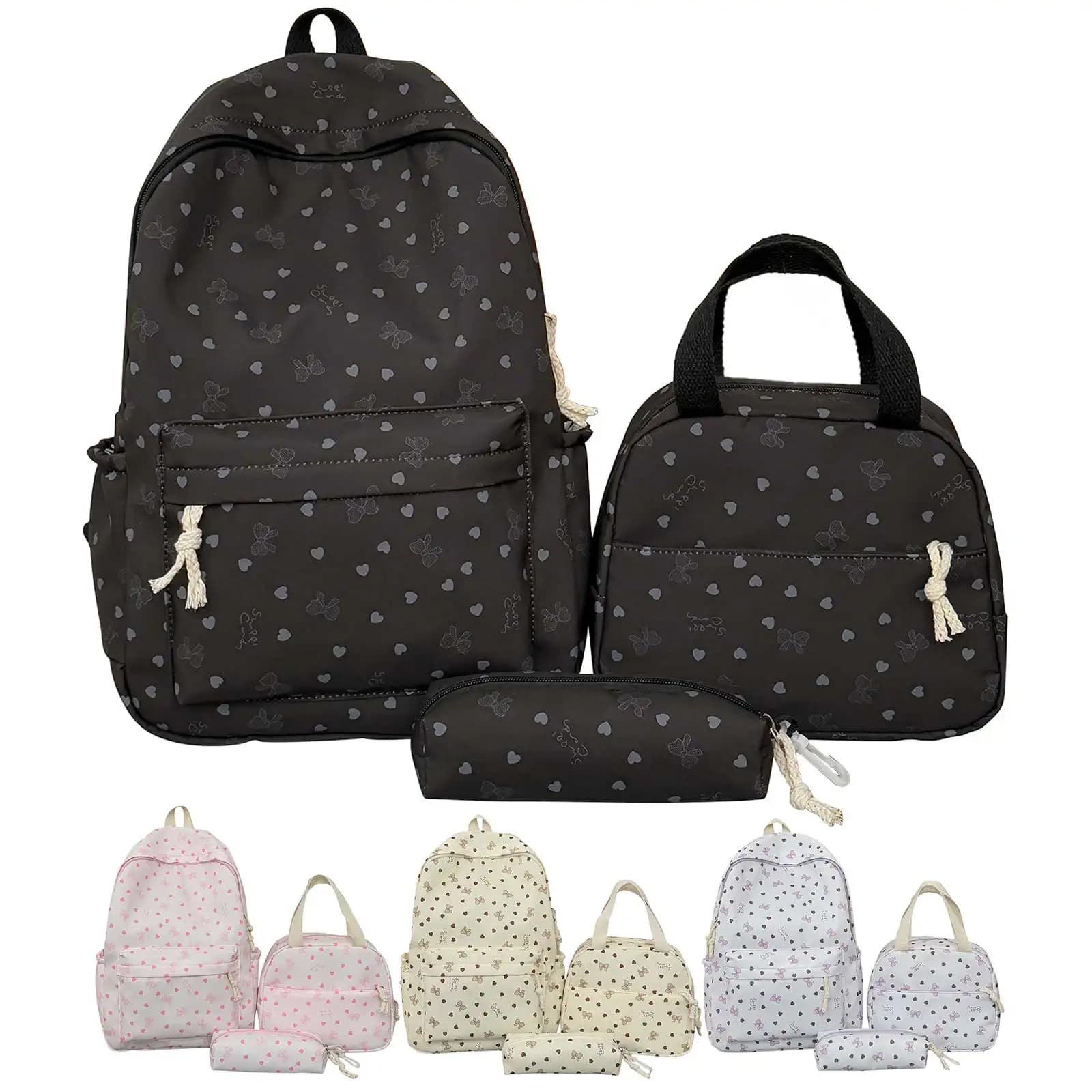Coquette Bow Love Print 3 Piece Backpack with Lunch Box and Pencil Pouch 3-In-1 Bag Set Aesthetic Preppy Backpack for Teenagers