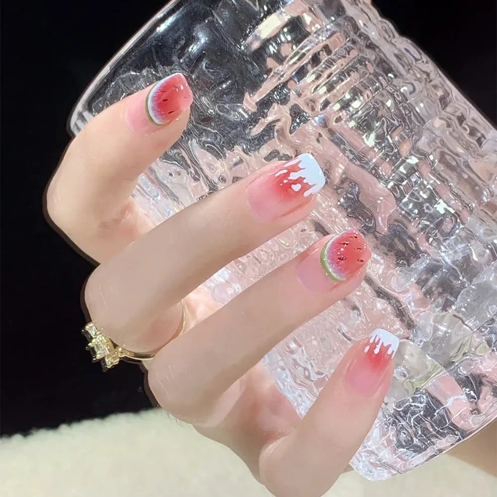 Nuova Collezione 2026: Nail Art Semplice e Divertente con Motivo Anguria Latte - Nail Art Estiva Rinfrescante e Indossabile con Punta Arrotondata