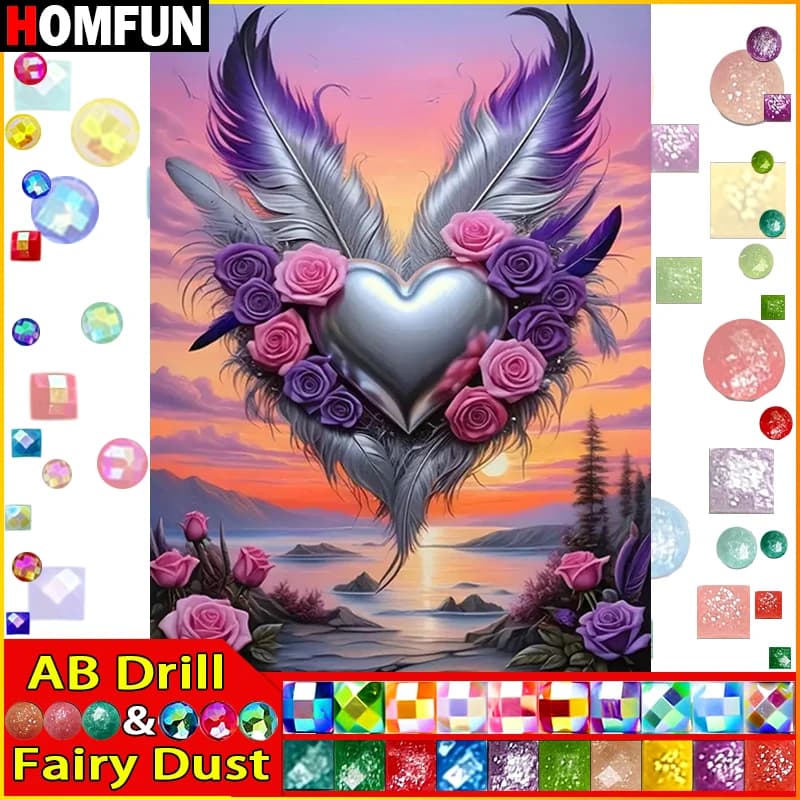 HOMFUN Fairy Dust AB 5D Diy Diamond Painting Cross Stitch "Scenery Rose Heart Wings" Home Decor Full Diamond Embroidery