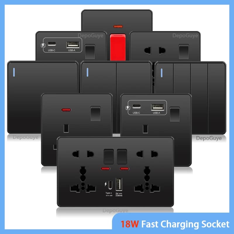 Universal Black USB Type-C 18W Quick charging socket Smart Double 5 Pin Power Plug, International Wall Electric Switch of the United Kingdom