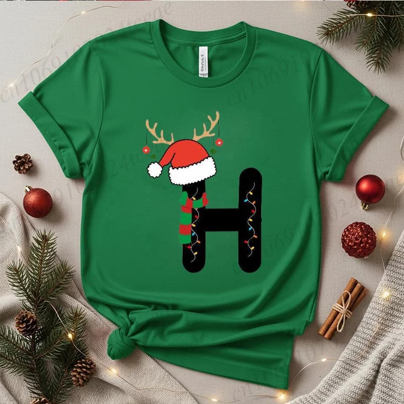 Camicia da donna con alfabeto natalizio abbinata alla famiglia, pigiama natalizio per le vacanze, abito da festa, top a maniche corte con stampa monogramma natalizio