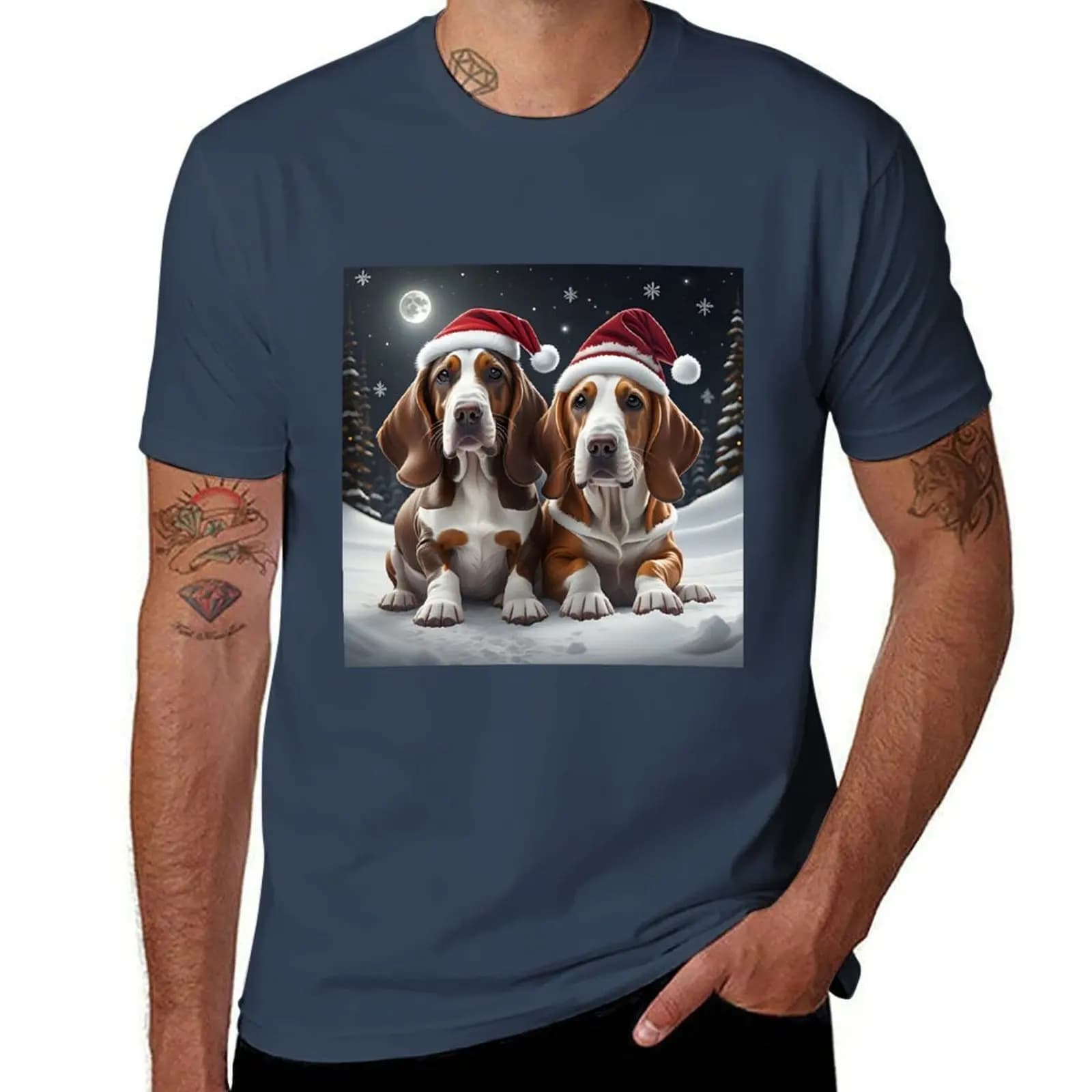 T-shirt con cani di razza Basset Hound in un paesaggio invernale, T-shirt sportiva leggera da corsa