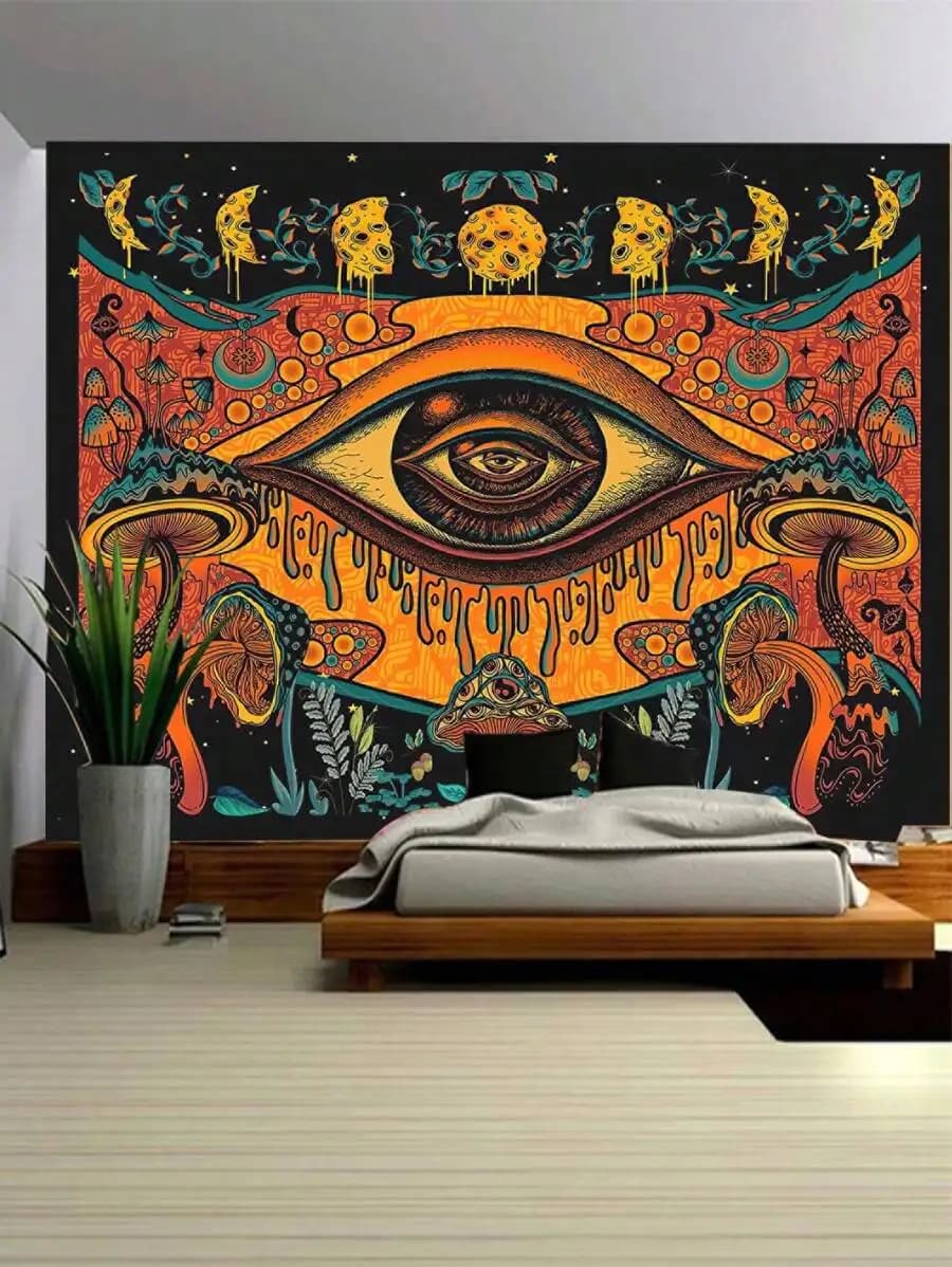 Psychedelic All Seeing Eye Tapestry, Trippy Mushroom Moon Wall Hanging, Polyester Fabric Art for Bedroom Decor