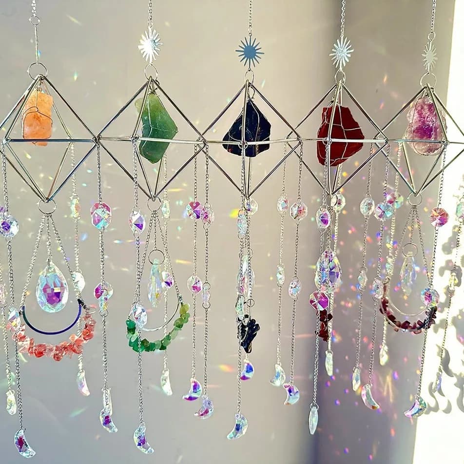 wholesale light spinning natural quartz k9 lustre for window with hanging suncatcher Stone moon dream prism crystal sun catcher