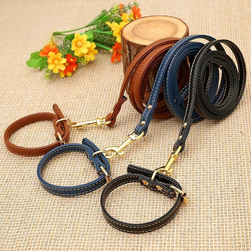 PU Leather Dog Collar Leash Set 360° Swivel Gold Snap Hook Hand Stitched Walking Traction Rope For Small Puppies Under 10lbs