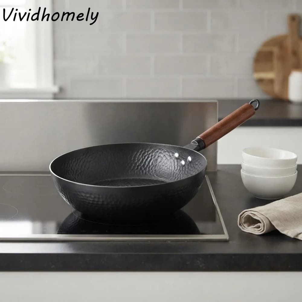 Non-stick Hammered Frying Pan Wooden Handle Uncoated Hammered Iron Wok Lightweight Flat Bottom Pancake Pan Steak