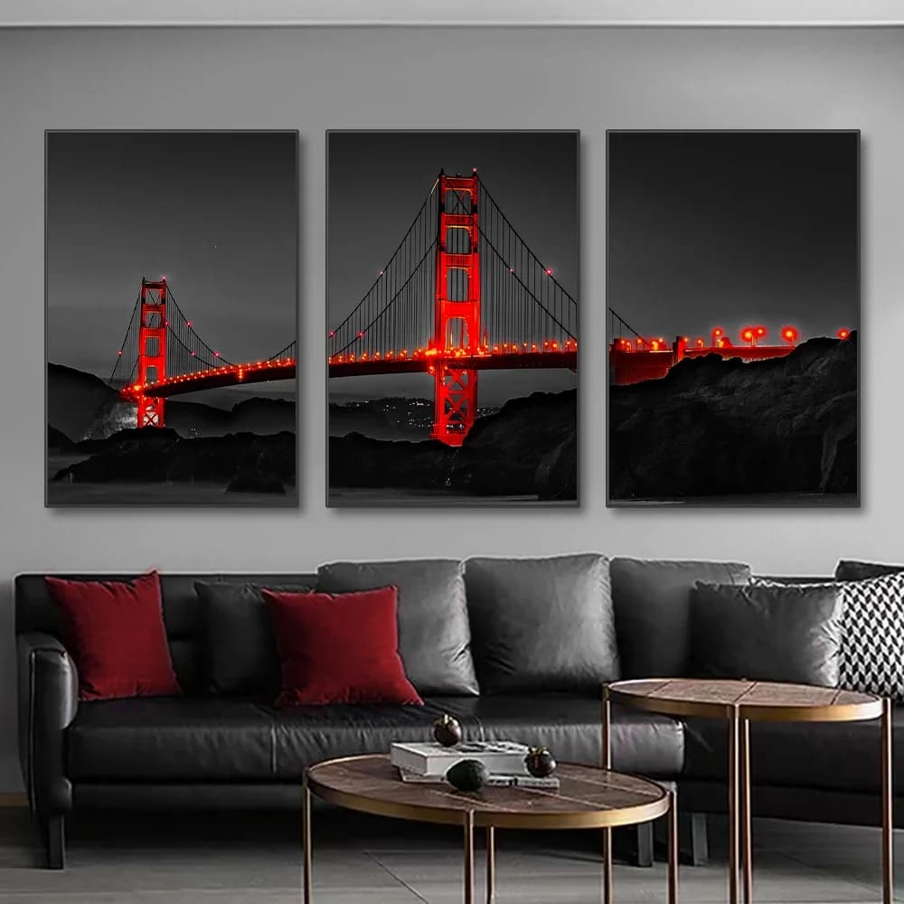 3 Pieces Frameless Poster Golden Gate Bridge Night Landscape Canvas Painting Wall Art Prints Pictures For Living Room Decorations For Home