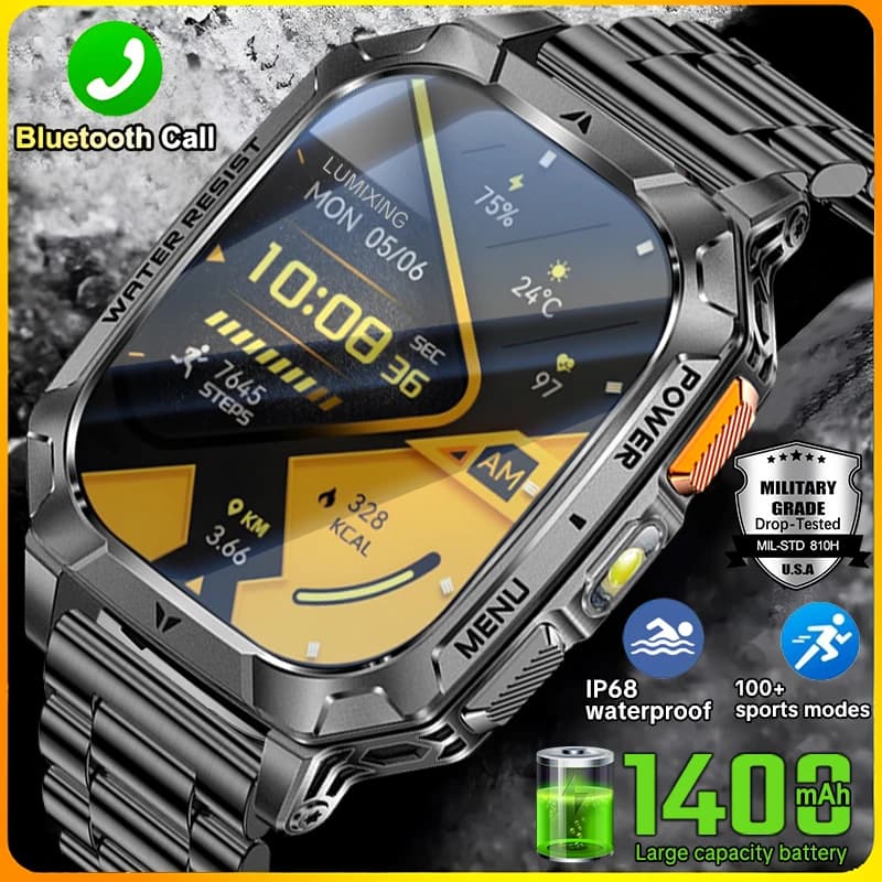 Robust Military Smartwatch with 1400mAh Battery, Fitness Monitoring, Waterproof IP68, Sports Tactical Flashlight, New Man's Smartwatch 2026
