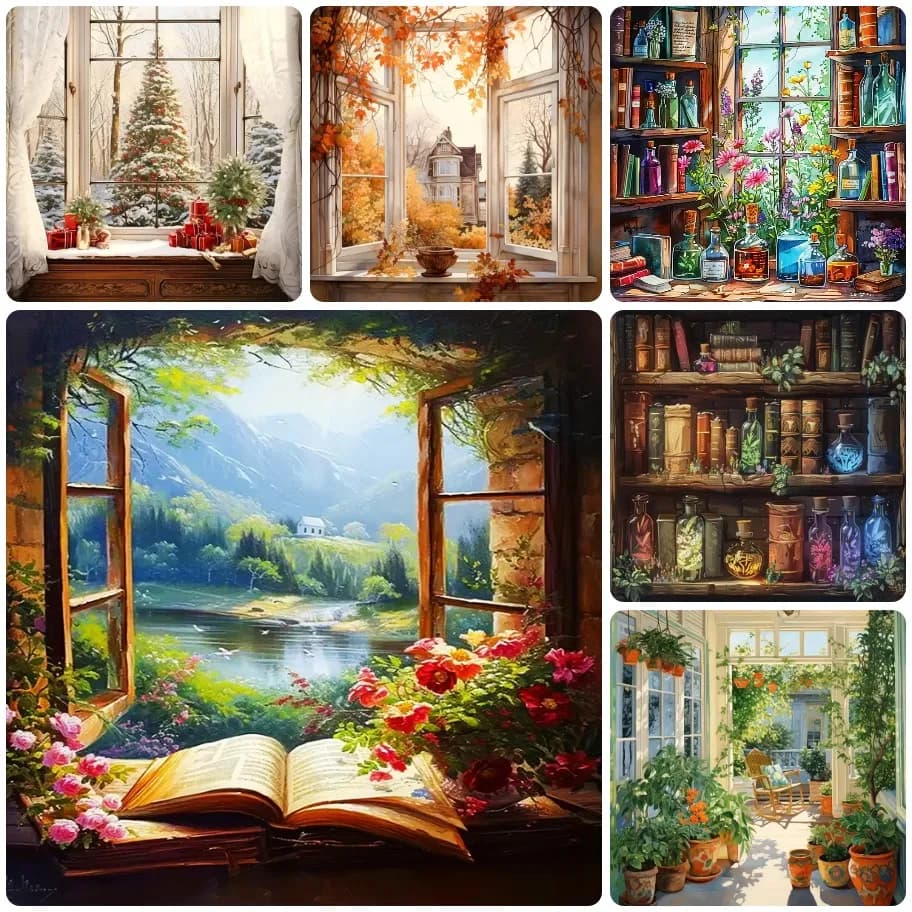 5D DIY Cozy Window View Book Bottle Floral Four Season Scenery Diamond Painting,Wall Art Picture For Living Room Home Decor