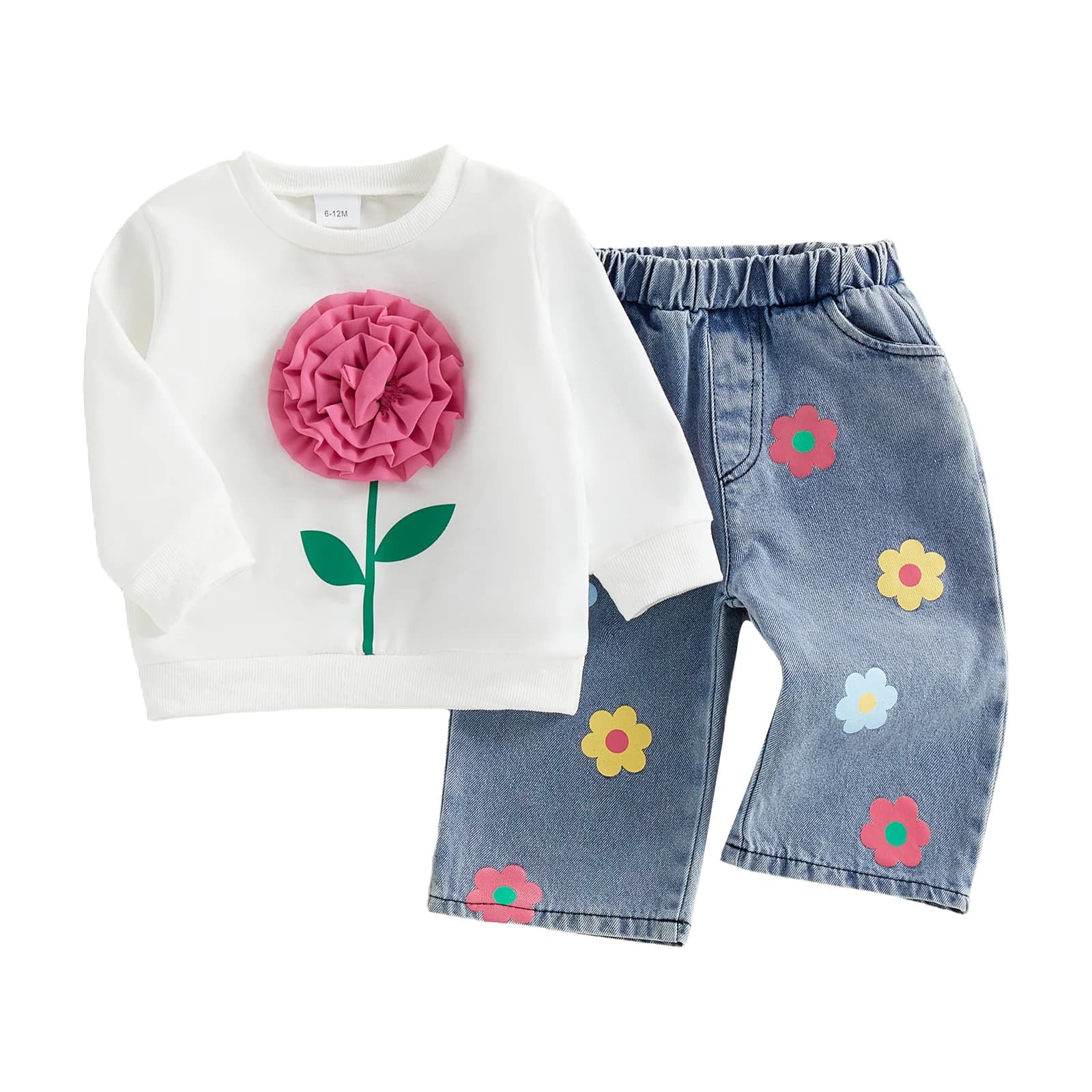 Adorabile felpa con cappuccio e jeans con stampa floreale per bambina per la primavera - Set da 2 pezzi con top a maniche lunghe e pantaloni in denim