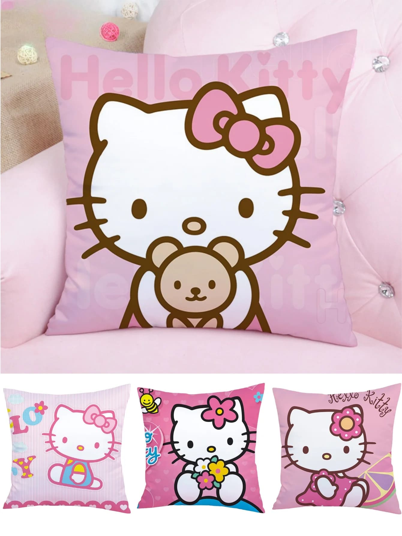 1pc HelloKitty Cartoon Figure Kitty Print Federa Sofa Decorations for the room Double Sided Throw cushion Woman pink
