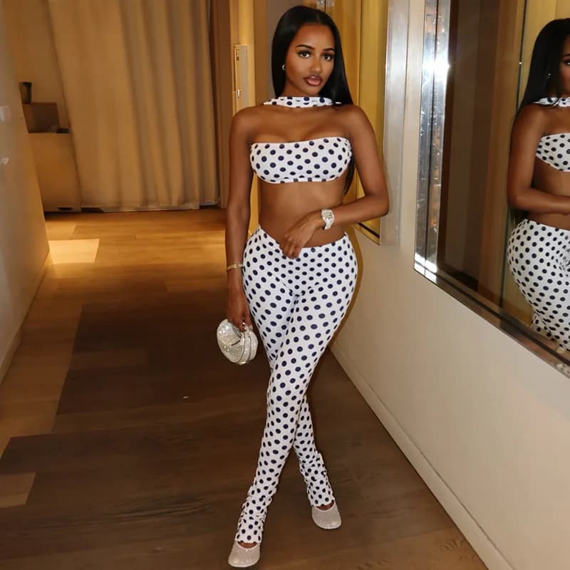 Women Dot Print 2 Piece Set Tracksuit Sexy Backless Halter Crop Tank Tops Long Pant Matching Sets Vacation Streetwear Outfits