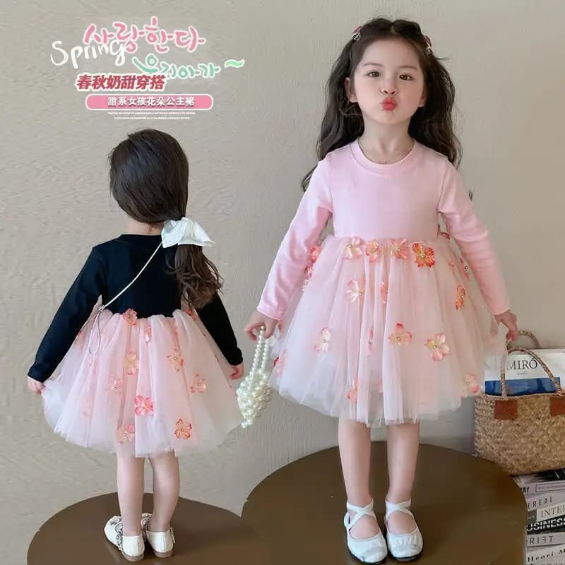 Ragazze Primavera 2025 Nuova Splicing Fiore Tridimensionale Filato Gonna Moda Abbigliamento Per Bambini Kawaii Casual Cappotto Set Ragazze